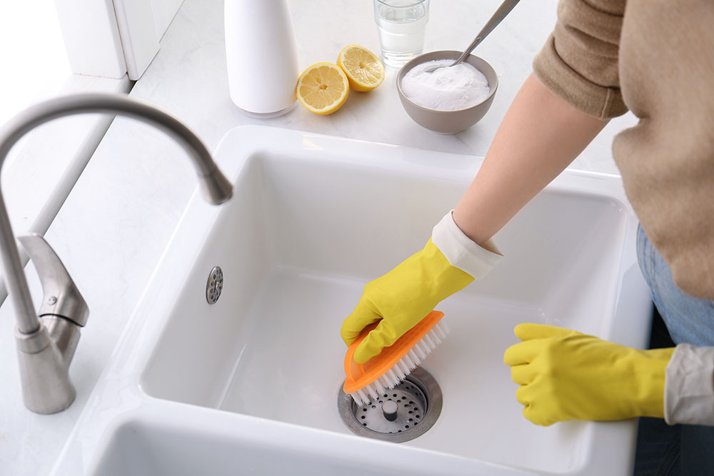 woman using chemical cleaner on a kitchen drain